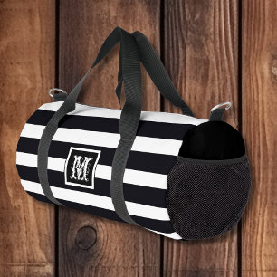Elegant Classic Monogram. Black & White Stripes  Duffle Bag