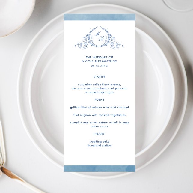 Elegant Classic Monogram Blue Watercolor, Wedding Menu (Creator Uploaded)