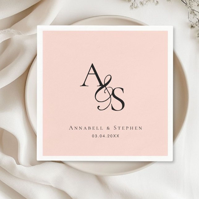 Elegant, Classic, Monogram, Blush-Pink, Wedding Napkin (Elegant, Classic, Monogram, Blush-Pink, Wedding Napkin with your name and date.)