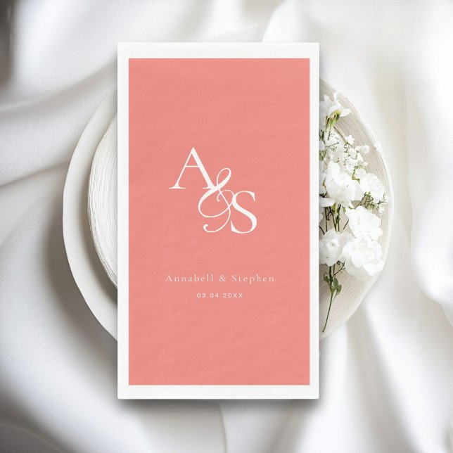 Elegant, Classic, Monogram, Coral, Wedding Napkin (Elegant, Classic, Monogram, Wedding Paper Guest Towels, Napkins. Coral)