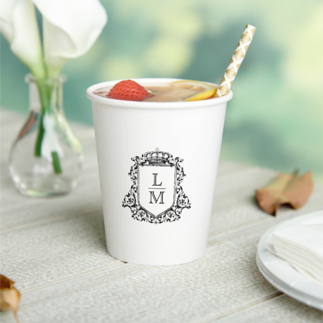 Elegant Classic Monogram Crest Custom Wedding Paper Cups (Insitu)
