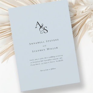 Elegant, Classic, Monogram, Light-Blue, Wedding Invitation