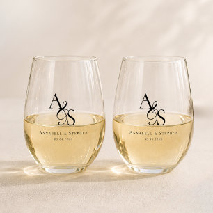 Elegant Classic Monogram Wedding Stemless Wine Glass