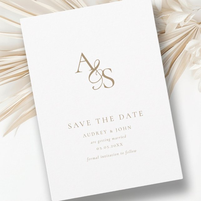 Elegant, Classic, Monogram, White, Wedding Save The Date (Elegant, classic, monogram, white & light-brown, Save the Date Card. Print + Download available.)