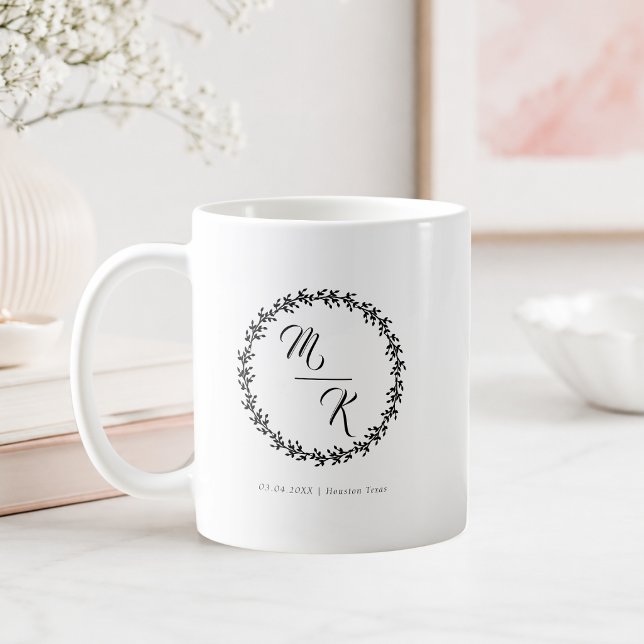 Elegant, classic monogram wreath coffee mug (Elegant Classic Monogram Black Wreath Coffee Mug)