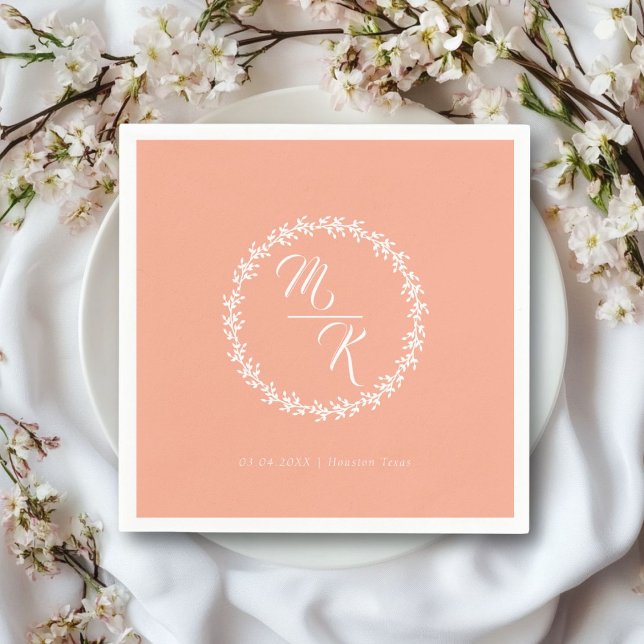 Elegant, classic monogram wreath napkin (Personalized, elegant, classic peach wedding napkin, simple wreath, with your monograms & text.)