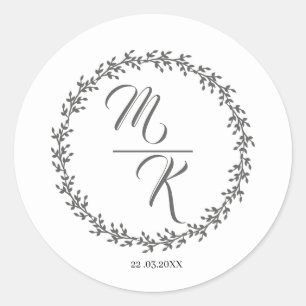 Elegant, classic monogram wreath round sticker