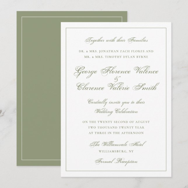 Elegant Classic Moss Green Calligraphy Wedding Invitation (Front/Back)