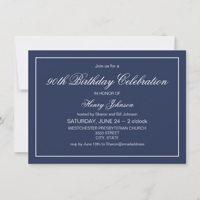 Elegant Classic Navy Blue and White 90th Birthday Invitation (Front)