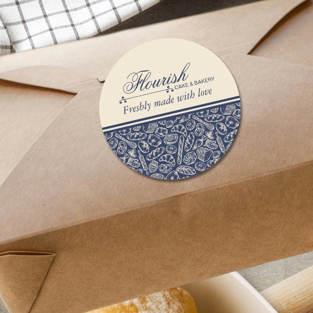 Elegant Classic Navy Blue Baked With Love  Round Sticker (Creator Uploaded)