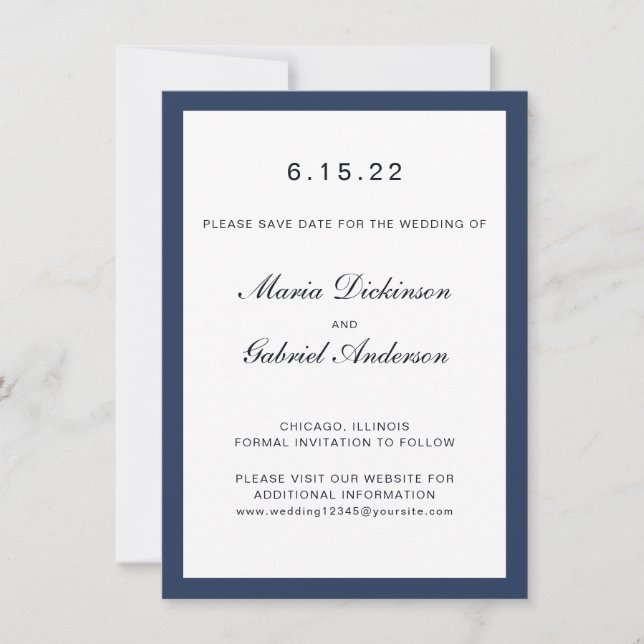 Elegant classic Navy blue Frame. Wedding Save The Date (Front)