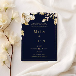 Elegant classic navy blue gold floral Wedding Invitation