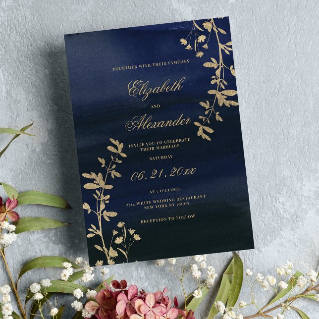  Elegant classic navy blue gold floral wedding Invitation (Elegant classic navy blue gold floral wedding)