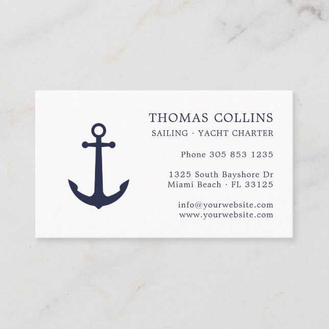 Elegant Classic Navy Blue Nautical Anchor Logo Business Card (Front)