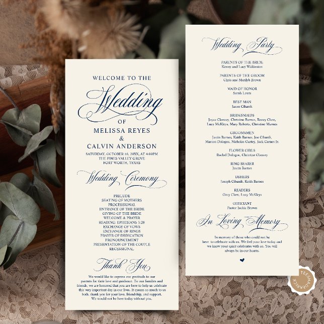 Elegant Classic Navy Blue Script Wedding Ceremony Programme (Elegant Classic Navy Blue and Ivory Script Wedding Ceremony Program Card)