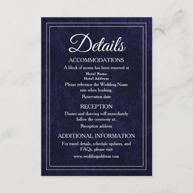 Elegant Classic Navy Blue Velvet Wedding Details Enclosure Card (Front)