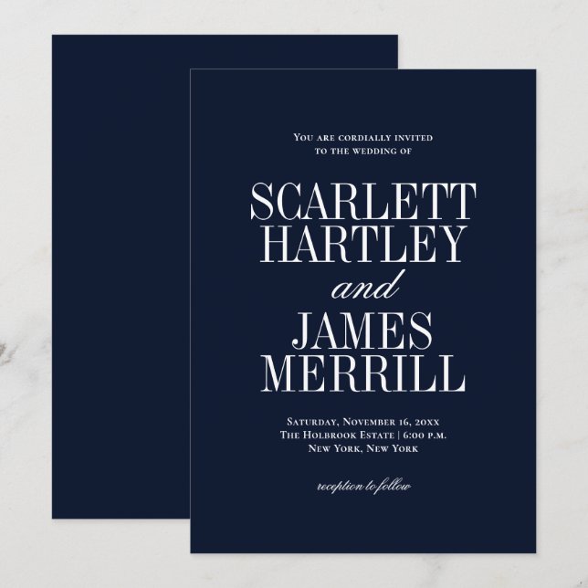 Elegant Classic Navy Blue Wedding Invitation (Front/Back)