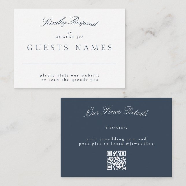 Elegant Classic Navy Blue Wedding QR CODE RSVP Card (Front/Back)