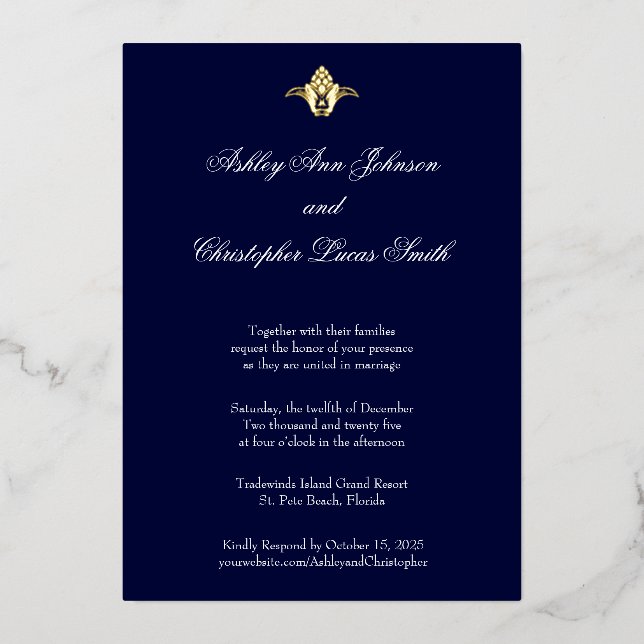 Elegant Classic Navy Gold Foil Wedding Invitation (Front)