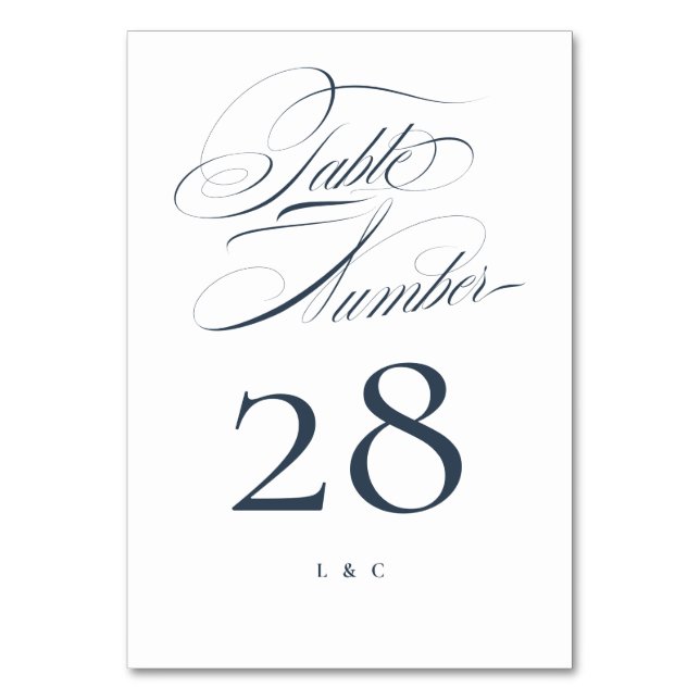 Elegant Classic Navy on White Calligraphy Wedding Table Number (Front)