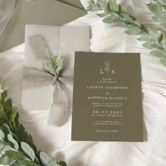 Elegant Classic Olive Green Leaf Monogram Wedding Invitation