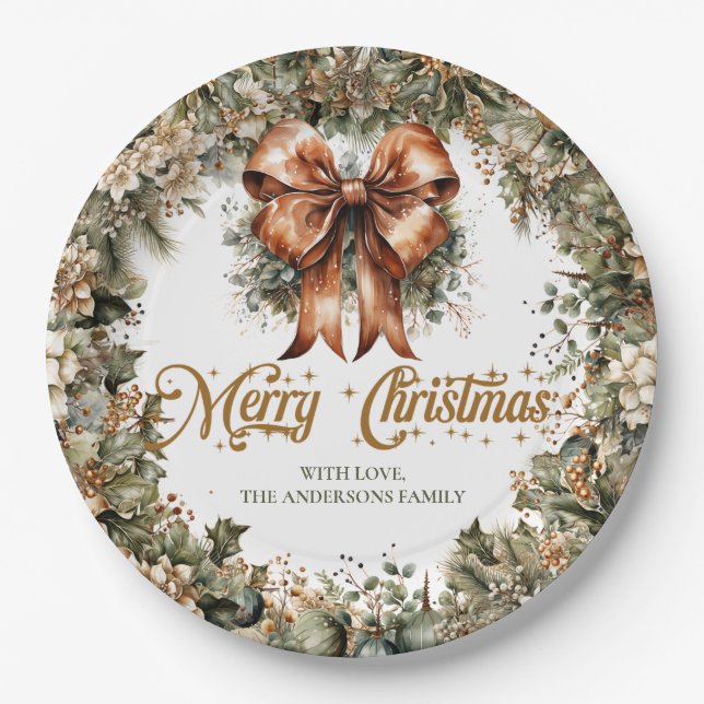Elegant classic pastel green gold Christmas bells Paper Plate (Front)