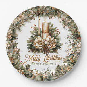 Elegant classic pastel green gold Christmas candle Paper Plate