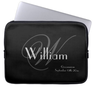 Elegant Classic Personalised Name+Monogram Black Laptop Sleeve