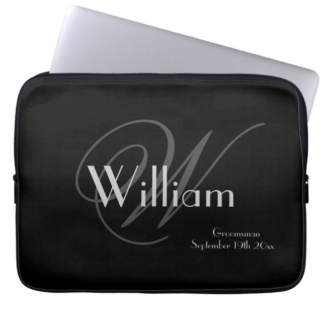 Elegant Classic Personalised Name+Monogram Black  Laptop Sleeve (Front)