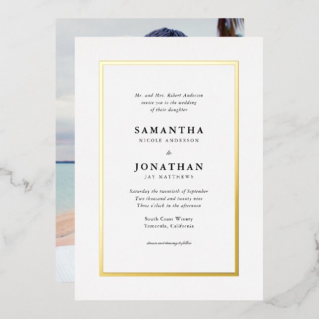 Elegant Classic Photo Gold Foil Border Wedding (Front/Back)