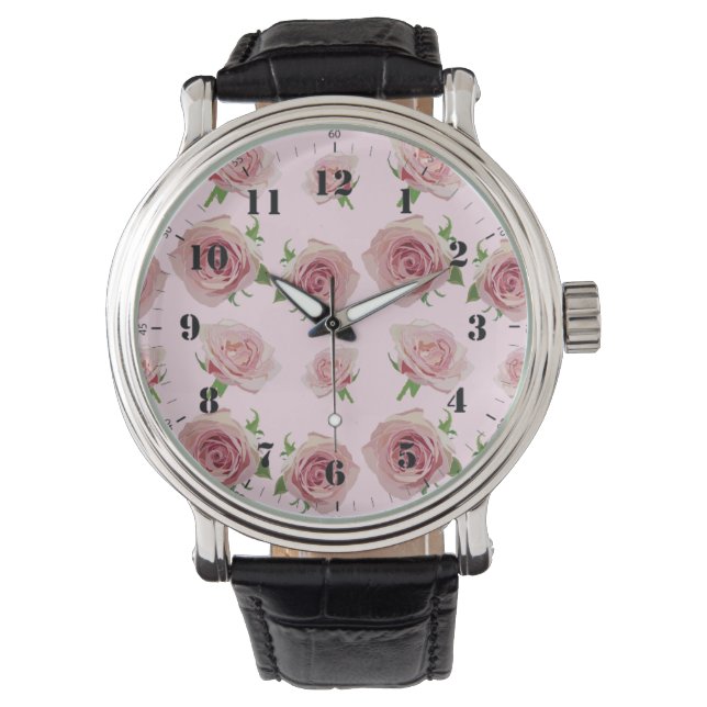 Elegant classic pink roses flower pattern watch (Front)