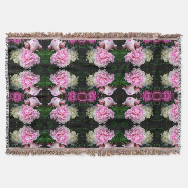 Elegant classic pink white floral peonies throw blanket (Front)