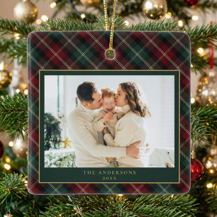 Elegant Classic Plaid Family Photo Christmas Ceramic Ornament