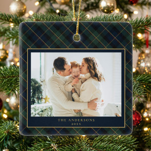 Elegant Classic Plaid Family Photo Christmas Ceramic Ornament