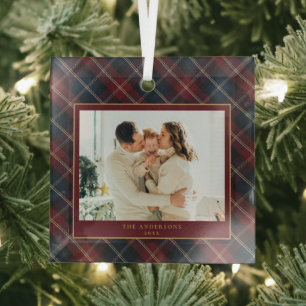 Elegant Classic Plaid Family Photo Christmas Glass Tree Decoration