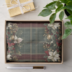 Elegant Classic Plaid Gold Ornament Red Poinsettia Tissue Paper