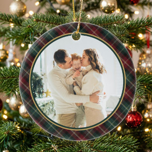 Elegant Classic Plaid Photo Christmas Ceramic Tree Decoration