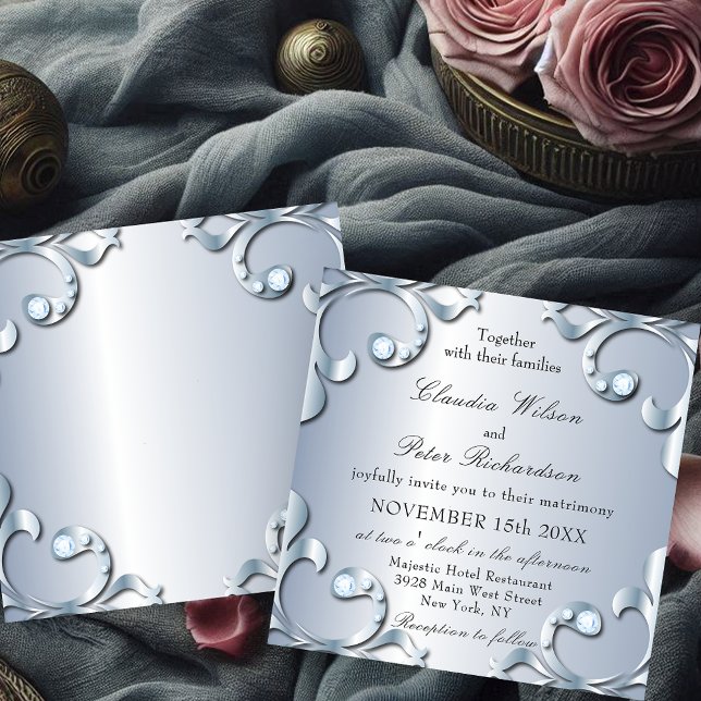 Elegant Classic Platinum with Gemstones Wedding Invitation (Creator Uploaded)