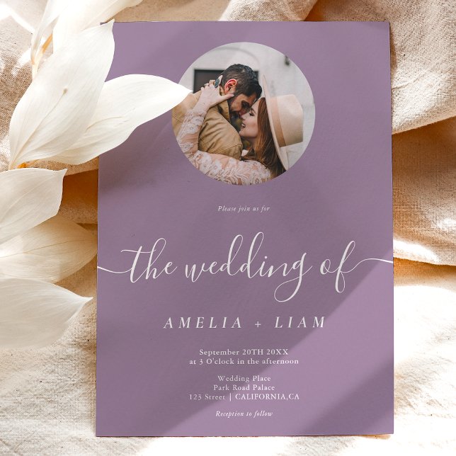 Elegant classic purple white photo script wedding invitation (Creator Uploaded)