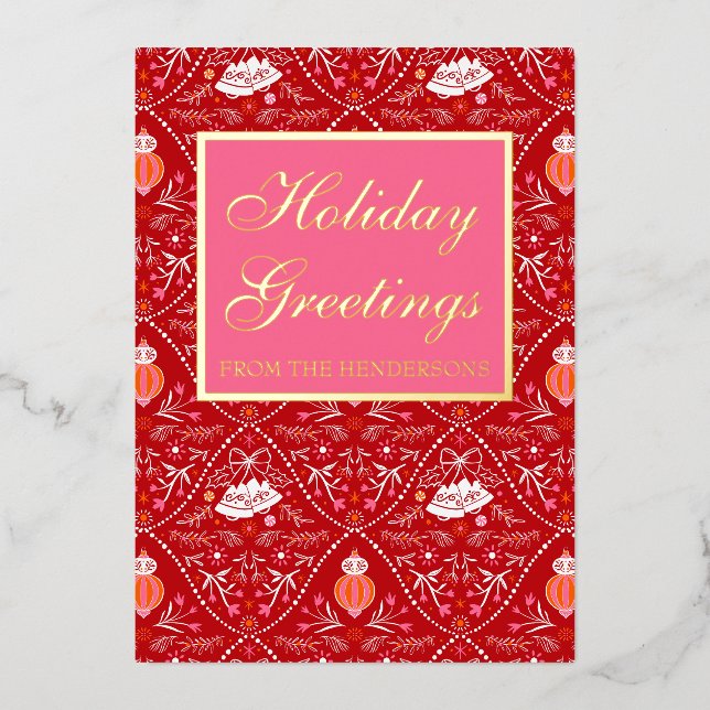 Elegant classic red pink foil holiday card (Front)