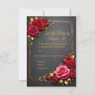 Elegant Classic Red Pink Roses Golden Kindly Reply RSVP Card