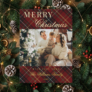Elegant Classic Red Plaid 1 Photo Christmas Foil Holiday Card