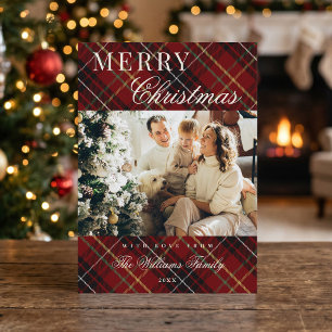 Elegant Classic Red Plaid 1 Photo Christmas Holiday Card