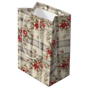 Elegant Classic Red Poinsettia Tartan Christmas Medium Gift Bag