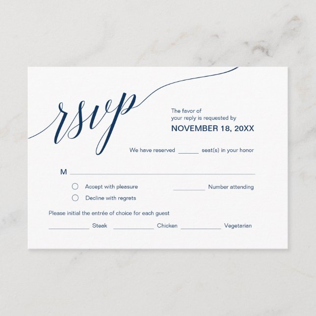 Elegant Classic RSVP,  Navy Blue Font, Respond Enclosure Card (Front)