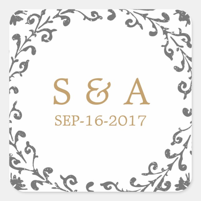 Elegant classic rustic vintage wedding monogram square sticker (Front)