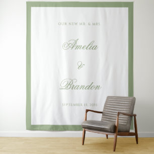 Elegant Classic Sage Green Border Wedding Backdrop Tapestry