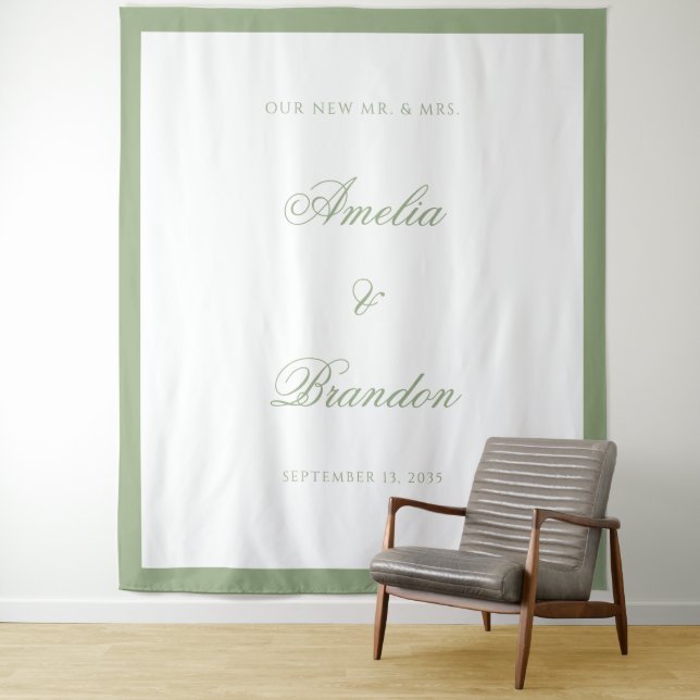 Elegant Classic Sage Green Border Wedding Backdrop Tapestry (In Situ)