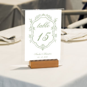 Elegant Classic Sage Green Floral Crest Wedding Table Number