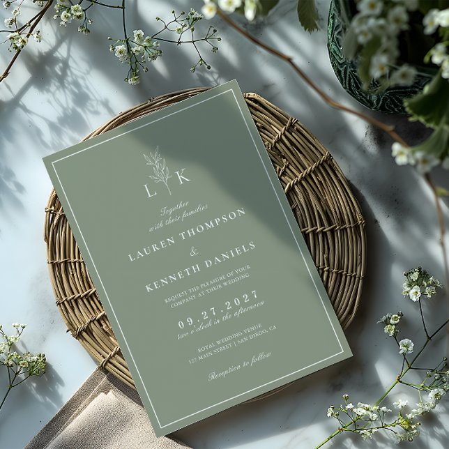 Elegant Classic Sage Green Leaf Monogram Wedding Invitation (Creator Uploaded)